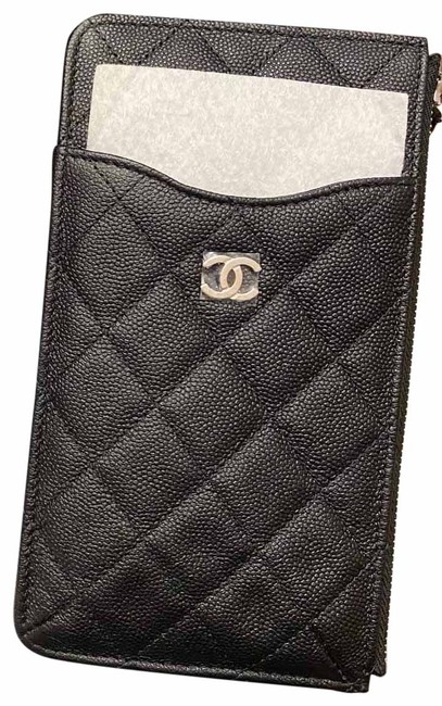Chanel Caviar Quilted Phone Card Case Holder Wallet Silver Hw Black Clutch 