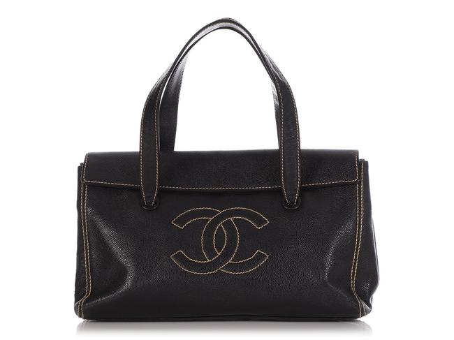 Chanel Caviar Stitched Logo Black Calfskin Leather Satchel 