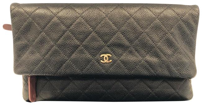 Chanel Cc Beauty Foldover Quilted Caviar Black Calfskin Leather Clutch 