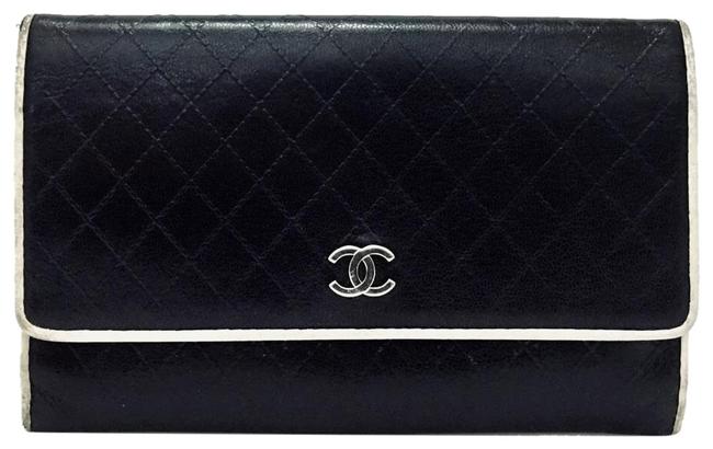 Chanel Cc Bifold Quilted Wallet Black White Lambskin Leather Clutch 