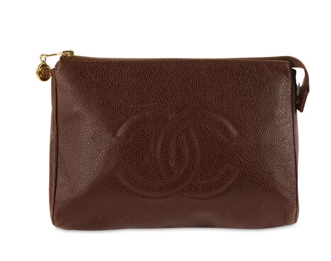 Chanel Cc Brown Caviar Leather Clutch 