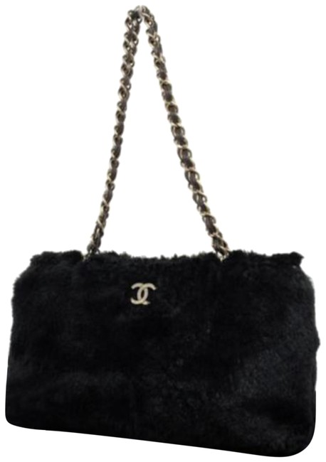 Chanel Cc Chain 221607 Tote Black Rabbit Fur Satchel 