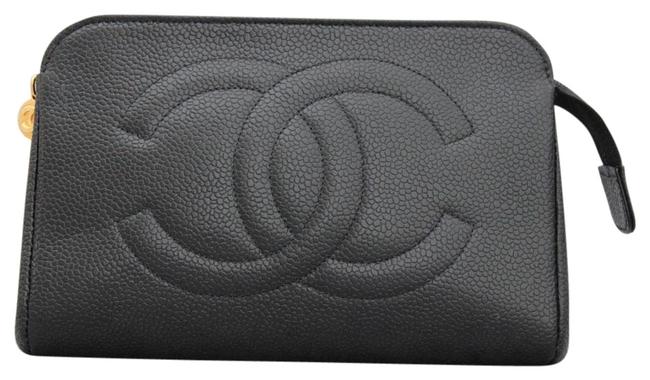 Chanel Cosmetic Pouch Cc Logo Caviar Black Leather Clutch 