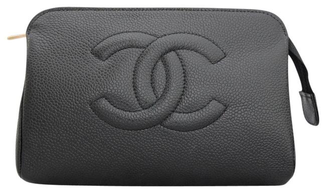 Chanel Cc Logo Caviar Pouch Black Leather Clutch 