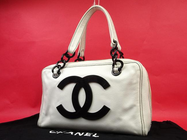 Chanel Cc Logo Jumbo Boston 221154 White X Black Caviar Leather Satchel 