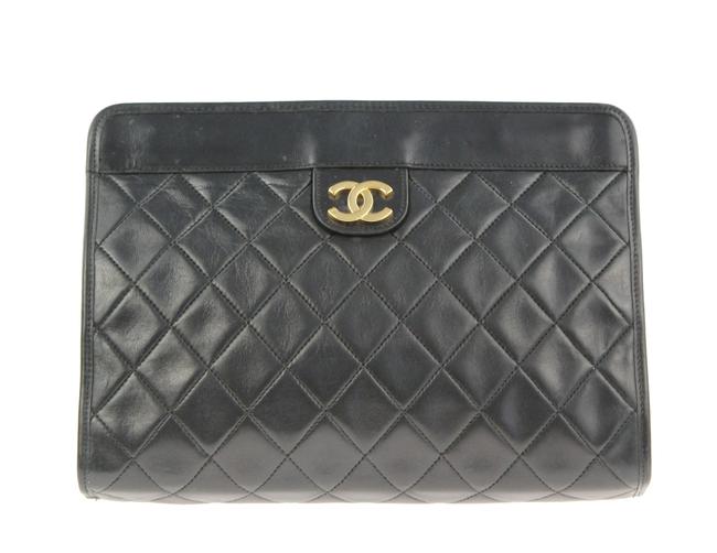 Chanel Cc Quilted Black Leather Clutch 