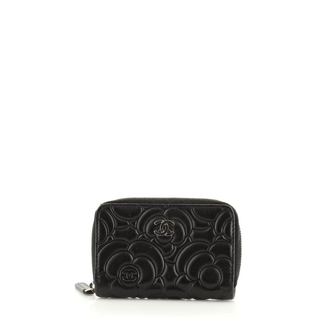 Chanel Cc Zip Coin Purse Camellia Lambskin Small Black Leather Clutch 