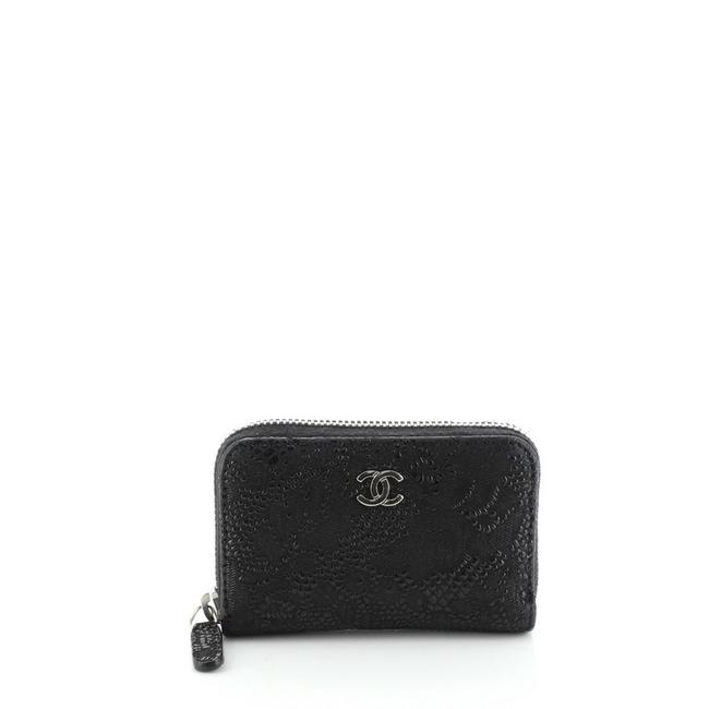 Chanel Cc Zip Coin Purse Lace Embossed Goatskin Small Black Leather Clutch 