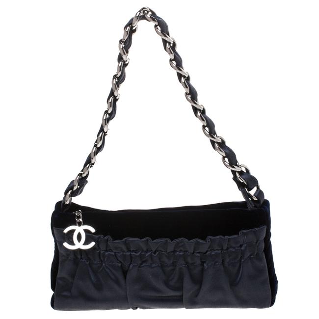 Chanel Chain Pochette Navy Blue Satin and Velvet Clutch 