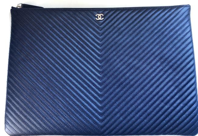 Chanel Chevron Navy Caviar Leather Clutch 