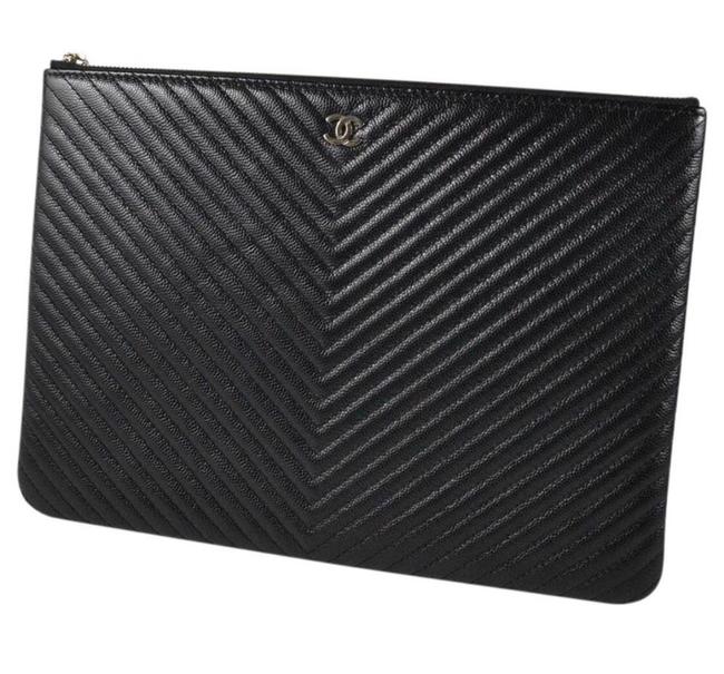 Chanel Chevron O Case Black Clutch 