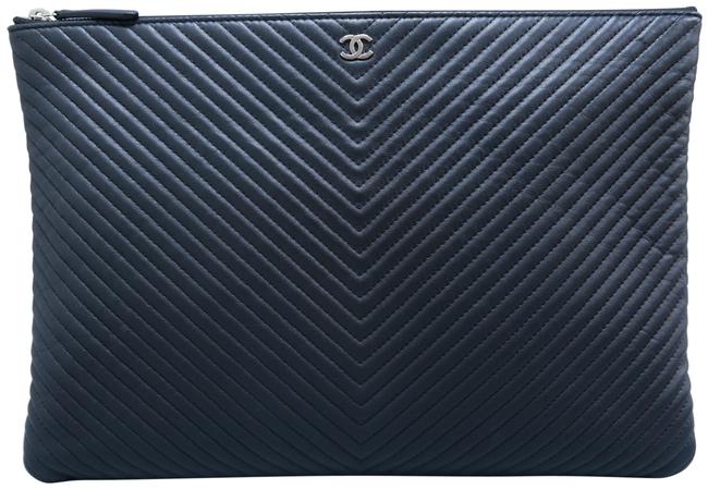 Chanel Chevron O case Black Lambskin Leather Clutch 