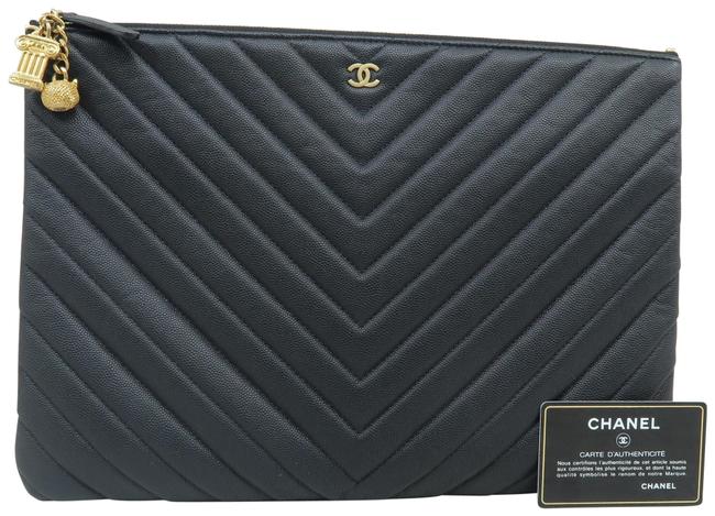 Chanel Chevron O case Leather Black Caviar Clutch 