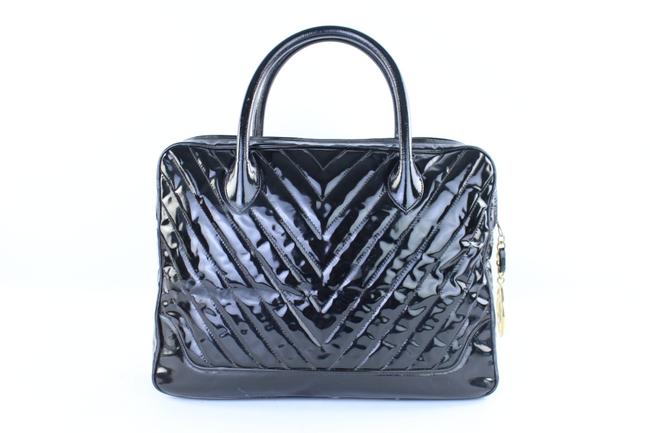 Chanel Chevron Quilted Zip Tote 224196 Black Patent Leather Satchel 