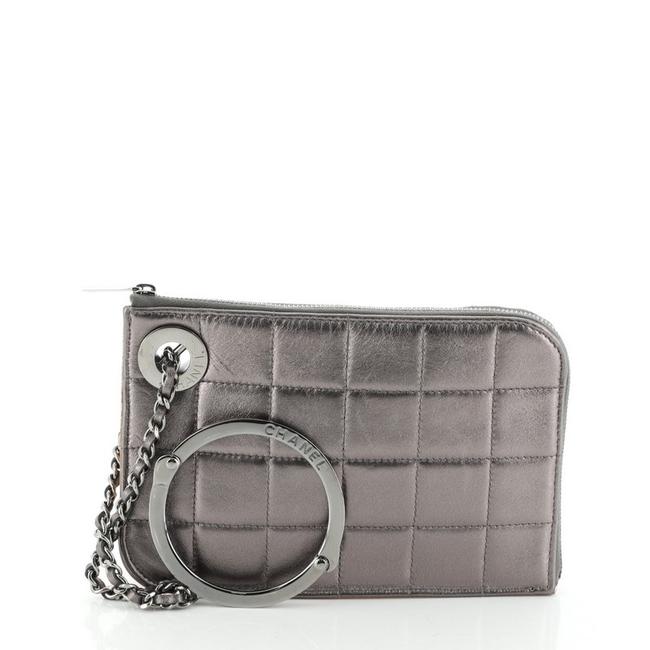Chanel Chocolate Bar Handcuff Quilted Small Metallic Silver Leather Clutch 