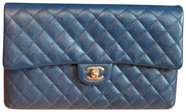 Chanel Classic Blue Caviar Leather Clutch 