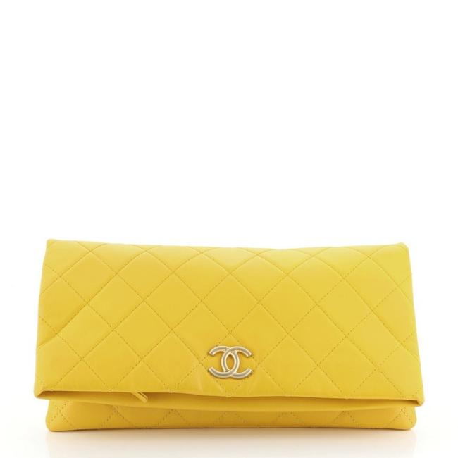 Chanel Classic Cc Full Flap Quilted Lambskin Large Yellow Leather Clutch 