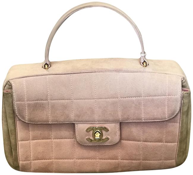 Chanel Classic Flap Baby Square Quilted Handle Pink Tan Suede Leather Satchel 