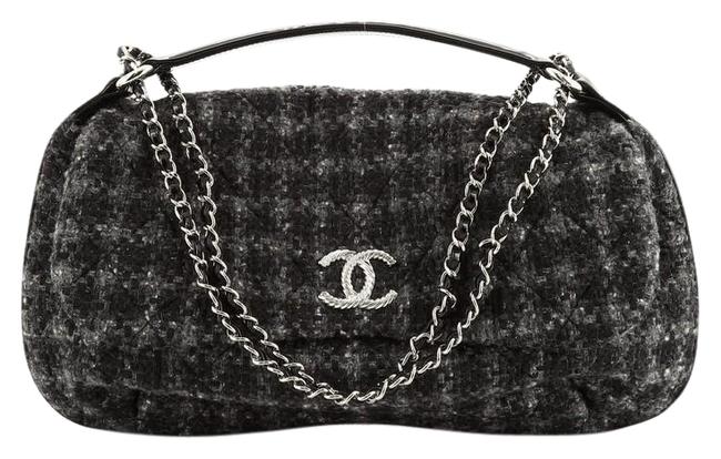 Chanel Classic Flap Cc Quilted Large Black Tweed Satchel 