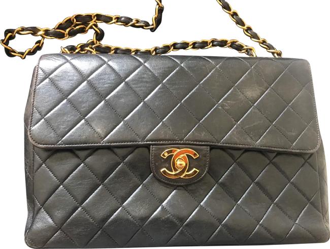 Chanel Classic Flap Jumbo Black Gold Hardware Leather Clutch 