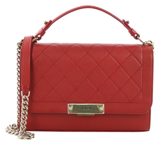 Chanel Classic Flap Label Click Quilted Medium Red Calfskin Satchel 