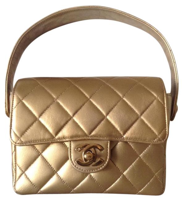 Chanel Classic Flap Metallic Kelly Style Mini Gold Leather Satchel 