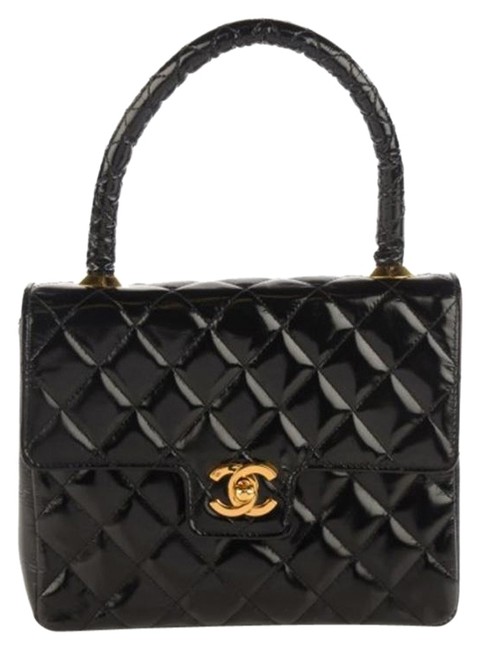 Chanel Classic Flap Quilted Medium Kelly Black Patent Leather Satchel 