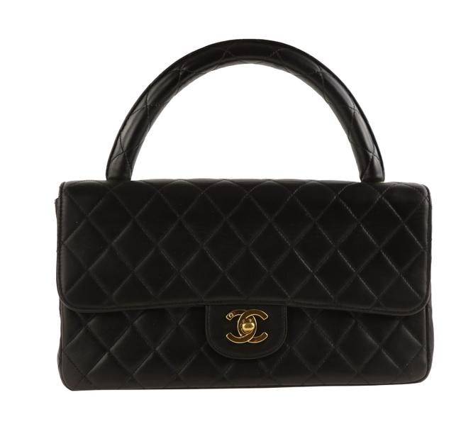 Chanel Classic Flap Vintage Twin Top Handle Black Leather Satchel 