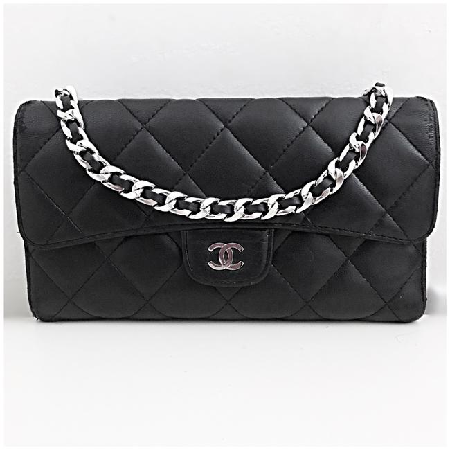 Chanel Classic Flap Wallet Black Lambskin Leather Clutch 