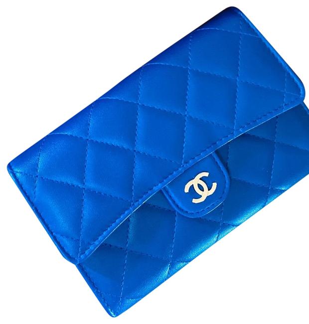 Chanel Classic Flap Wallet Blue Lambskin Leather Clutch 