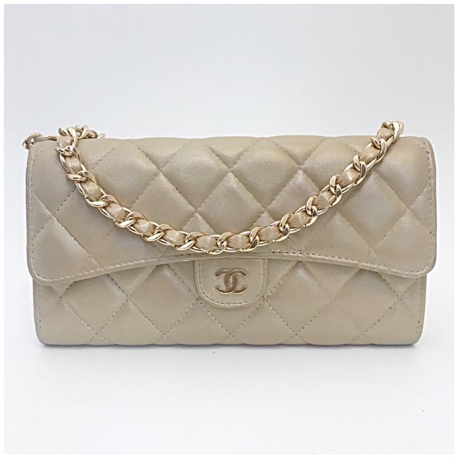 Chanel Classic Flap Wallet with Chain Added Beige Lambskin Leather Clutch 