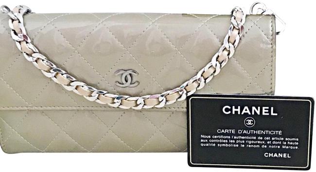 Chanel Classic Flap Wallet with Chain Added Beige Patent Leather Clutch 