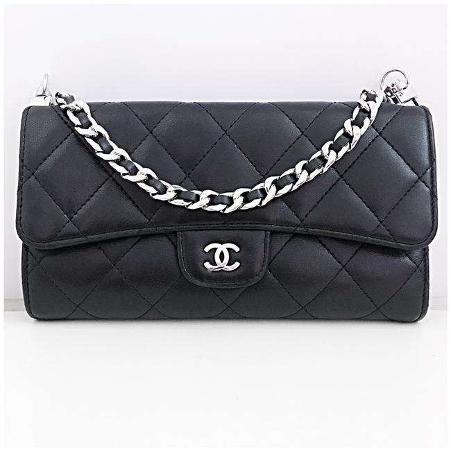 Chanel Classic Flap Wallet with Chain Added Black Leather Clutch 