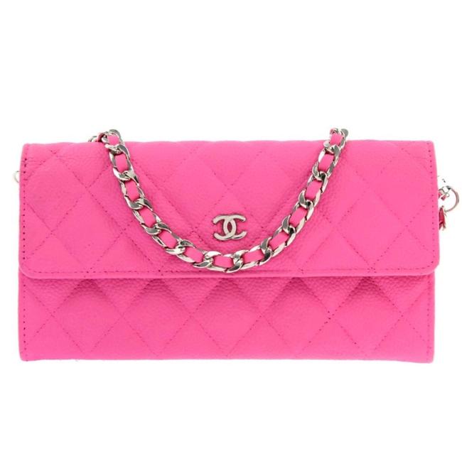 Chanel Classic Flap Wallet with Chain Added Pink Leather Clutch 