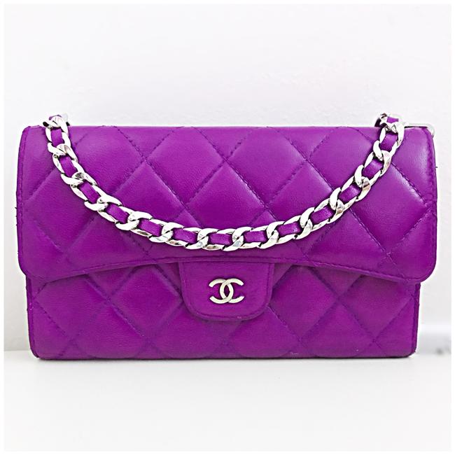 Chanel Classic Flap Wallet with Chain Added Purple Lambskin Leather Clutch 