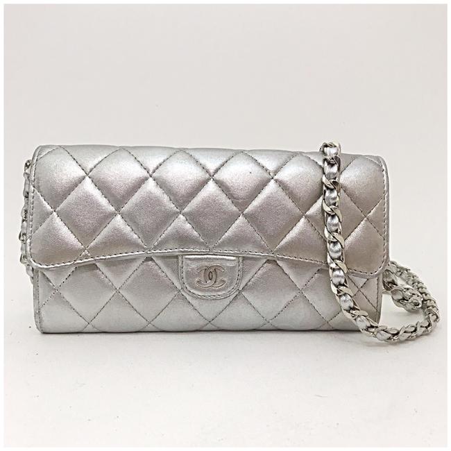 Chanel Classic Flap Wallet with Chain Added Silver Leather Clutch 