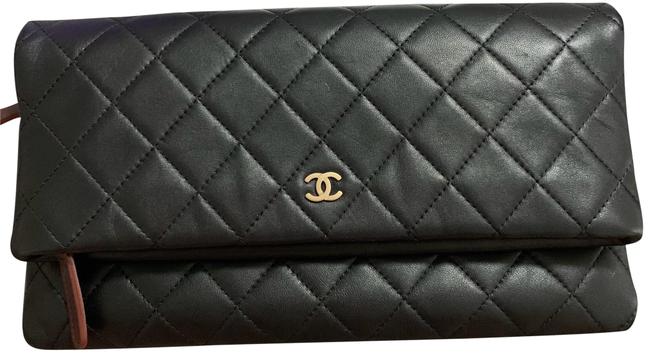 Chanel Classic Foldover Black Lambskin Leather Clutch 