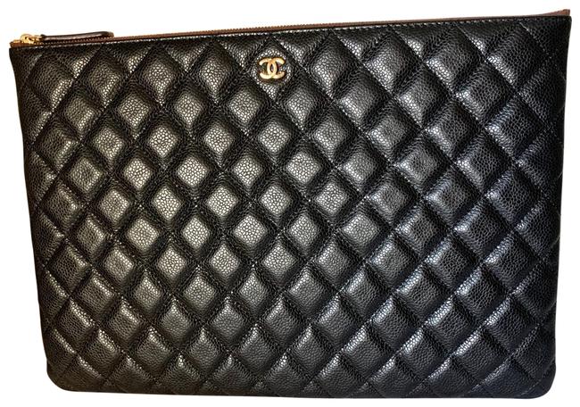 Chanel Classic O Case Caviar Leather Quilted Zip Pouch Large Black Clutch 