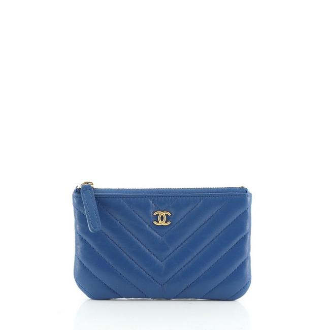 Chanel Classic O Case Pouch Chevron Lambskin Mini Blue Leather Clutch 