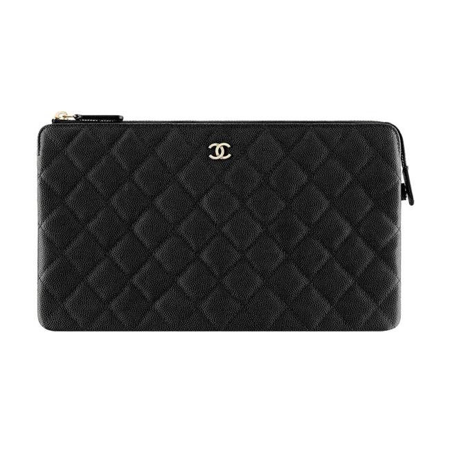 Chanel Classic Quilted Caviar Cc Logo Zip Pouch Black Clutch 