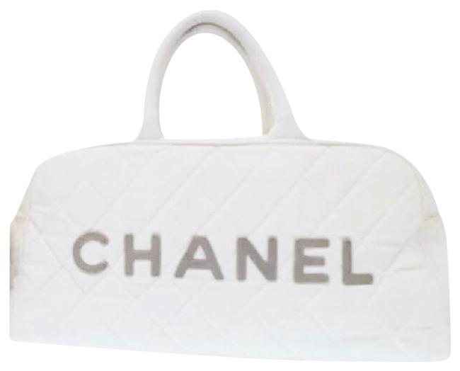 Chanel Boston Bag Classic Quilted Sport Beige White Canvas Satchel 