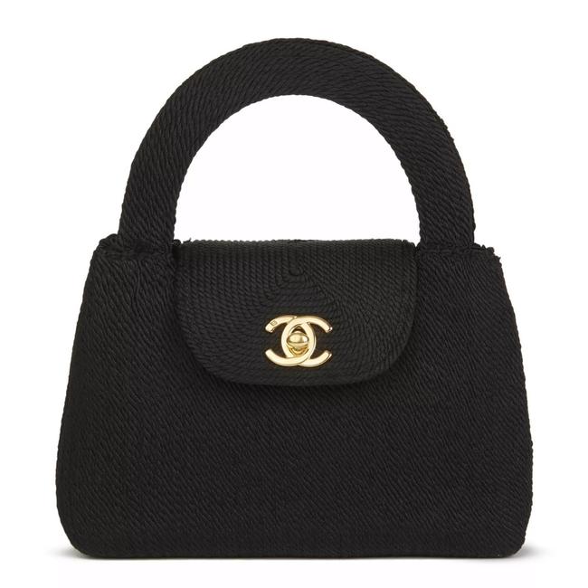 Chanel Classic Silk Woven Top Handle Mini Kelly Flap Black Rope Clutch 