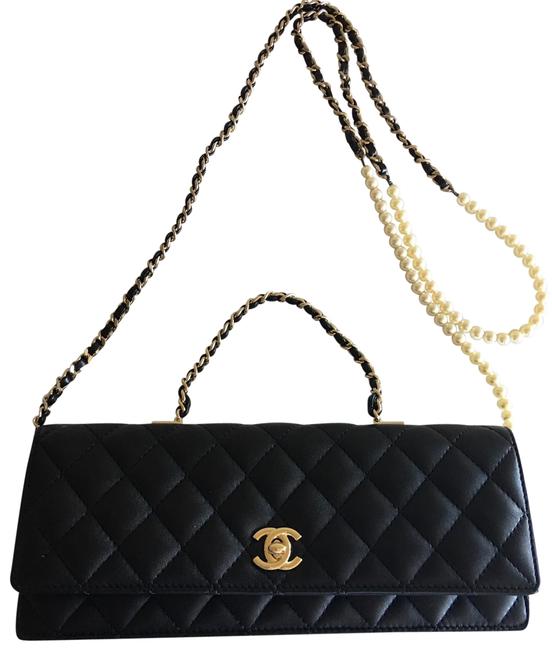 Chanel Classic with Pearl Chain Ghw Black Leather Clutch 