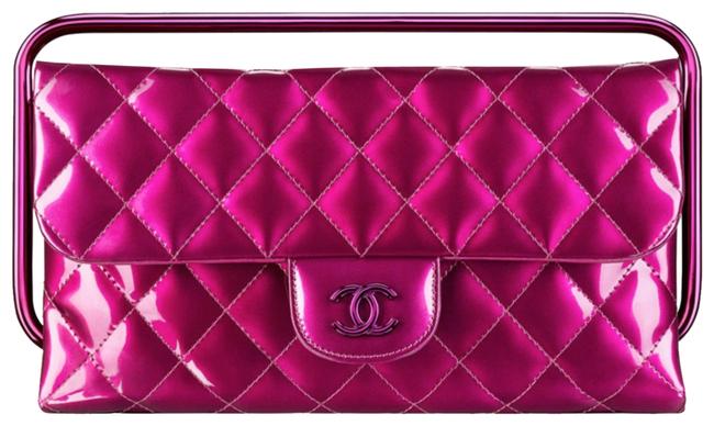 Chanel 2014 Runway Electric Pink Patent Leather Clutch 