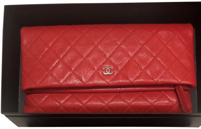 Chanel 2015 *new* Quilted Fold Over Red Soft Caviar Leather Clutch 