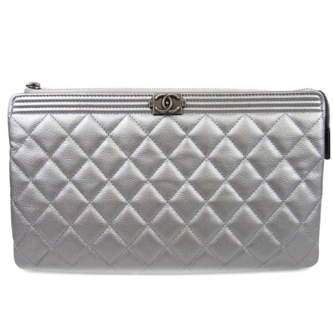 Chanel Boy Silver Caviar Leather Clutch 