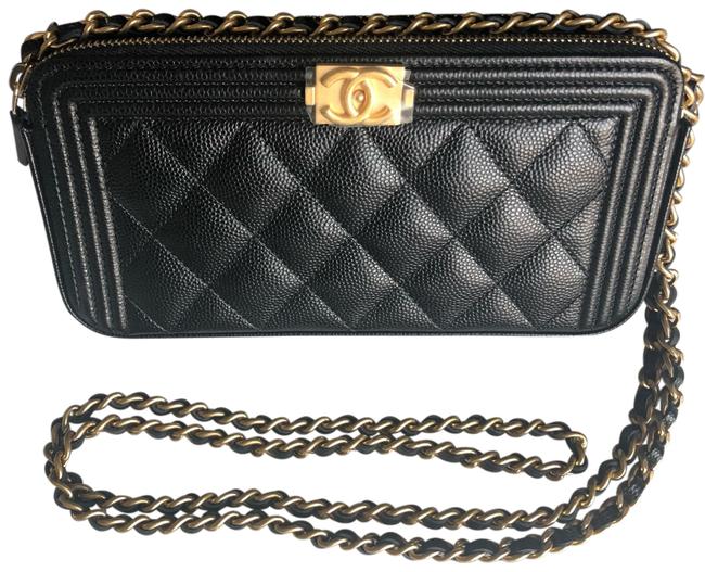 Chanel Boy Wallet Detachable Chain Black with Gold Leather Clutch 