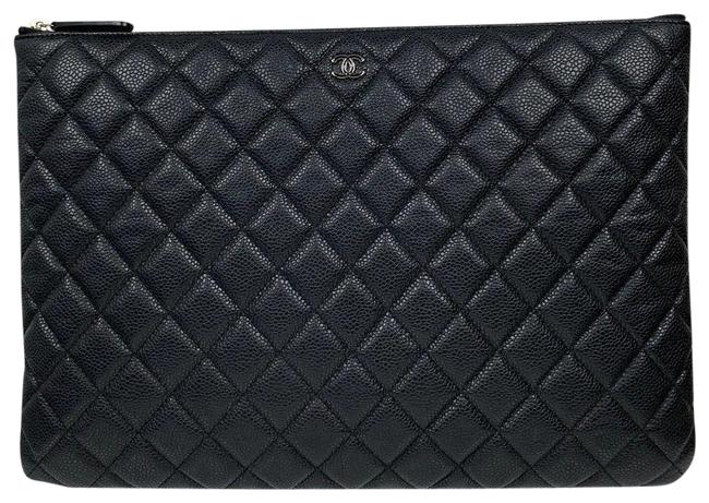 Chanel Case Large Pouch Quilted Cc Black Caviar Leather Clutch 