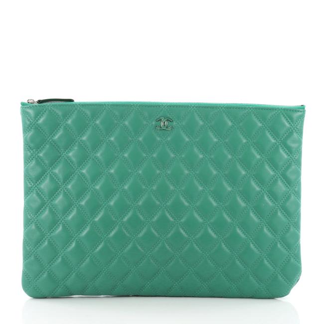 Chanel Case Quilted Large Green Lambskin Clutch 