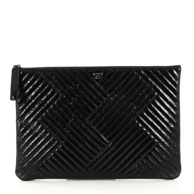 Chanel Cc Crossing Chevron Large Black Patent Leather Clutch 